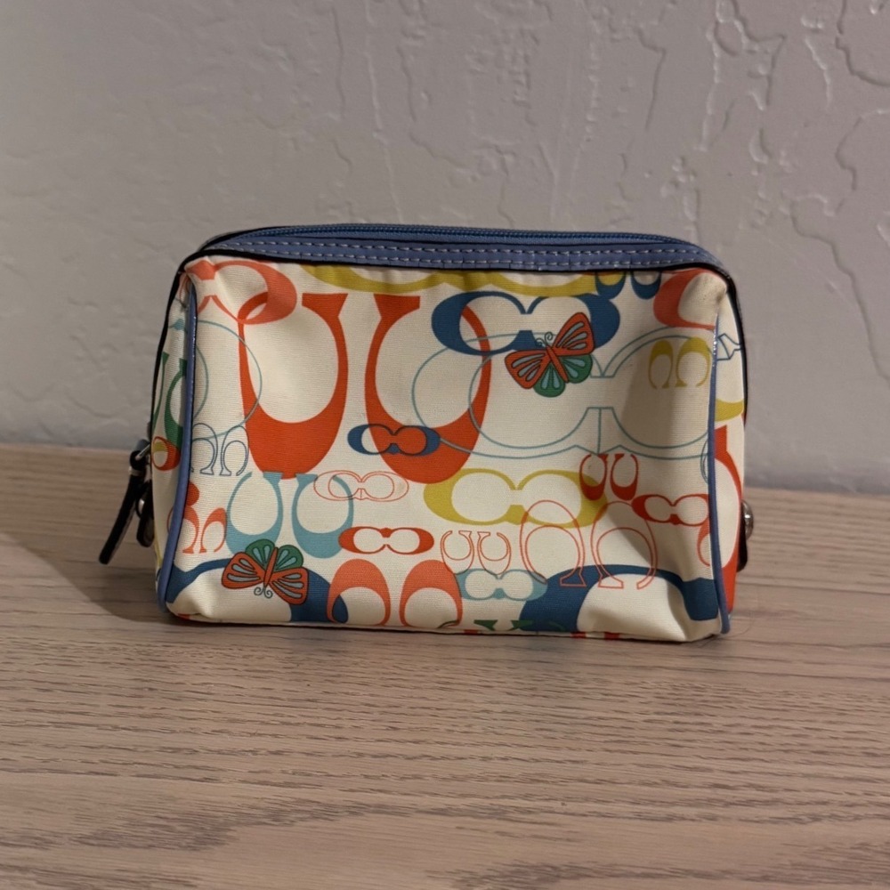 Coach Multi Color Signature Monogram Butterfly Cosmetic Makeup Bag Blue Trim